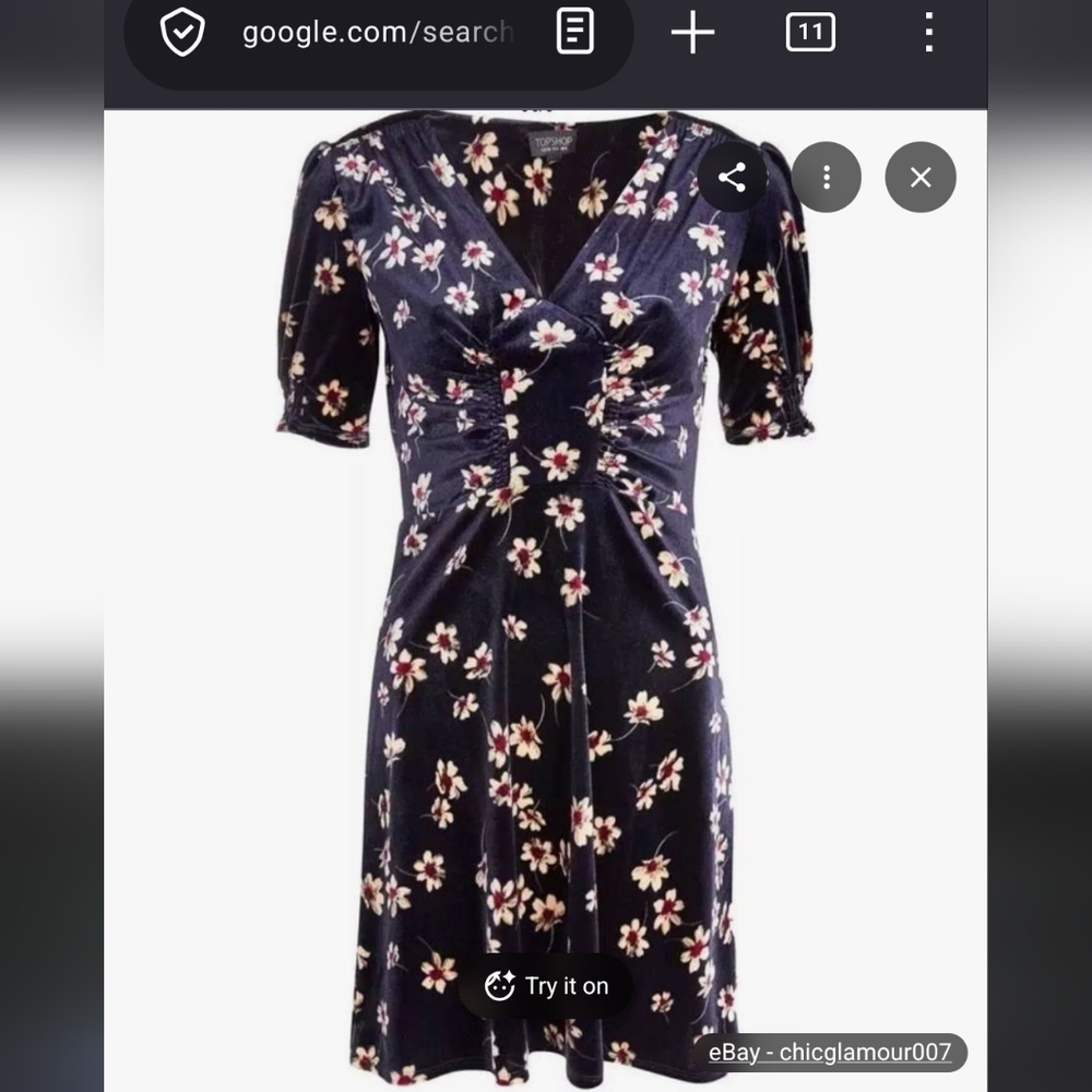 Topshop Navy Velvet Floral Skater Dress